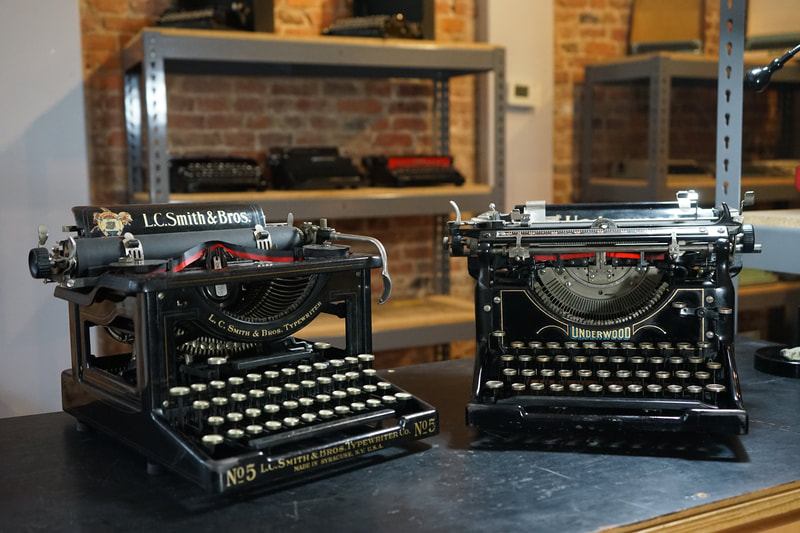 Photo of two Pre-War Desktop Typewriters, the 1913 L.C. Smith Number 5 and the 1929 Underwood Number 5